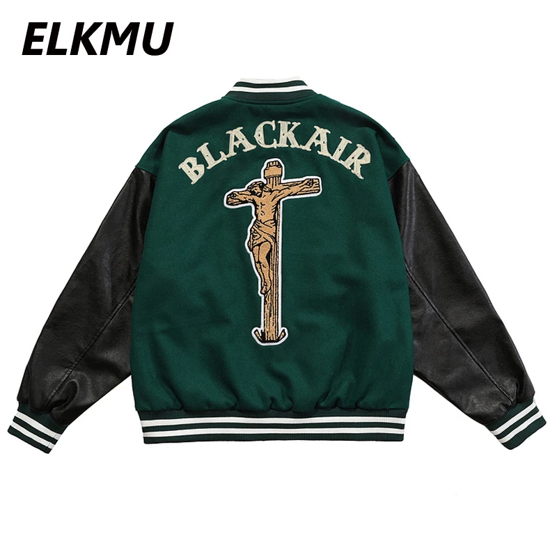 

Мужская бейсбольная куртка ELKMU, уличная одежда на осень, с вышивкой крестиком Иисуса Христа, куртка с рукавом из ПУ, пальто в стиле пэчворк, ...