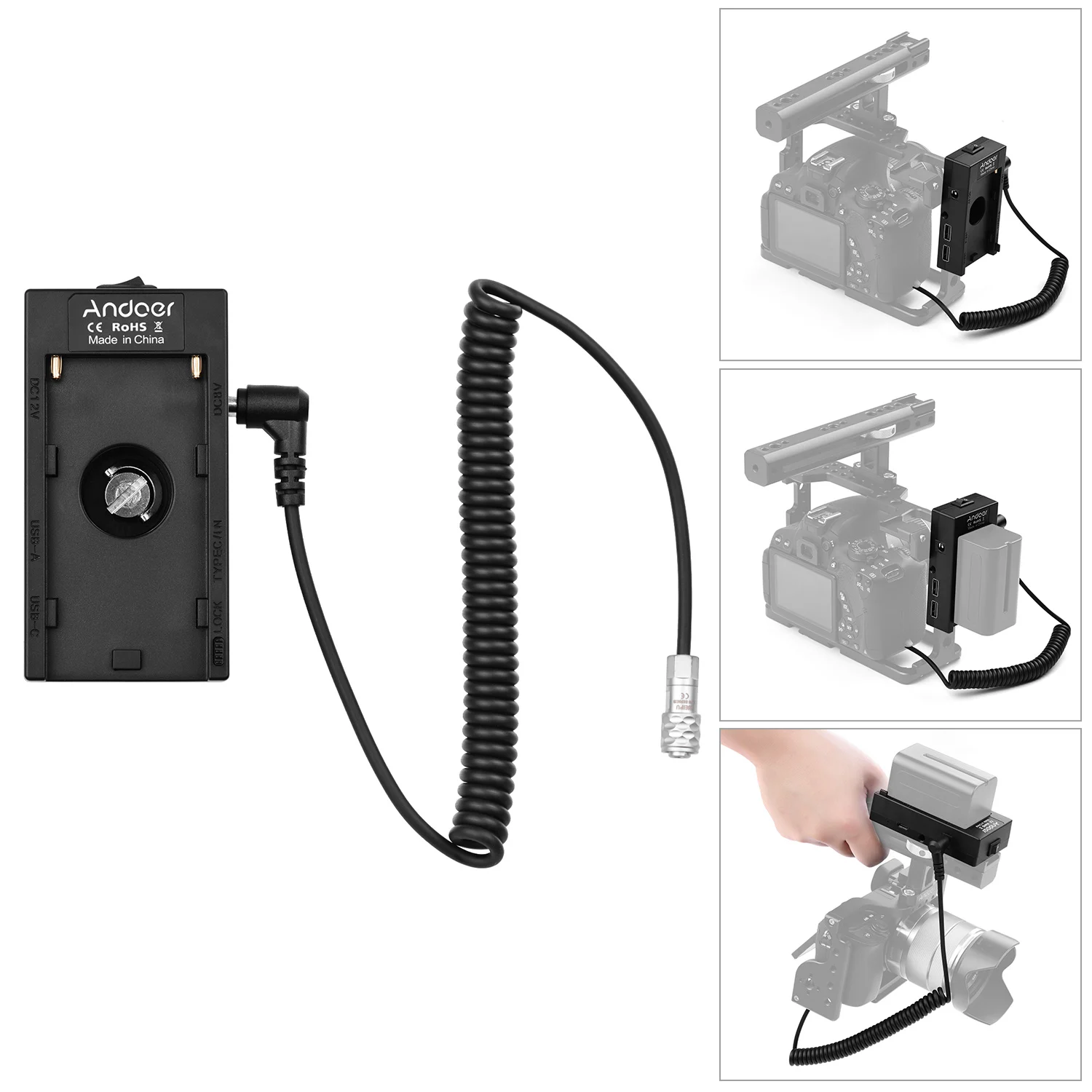 

Andoer NP-F970 F750 Battery Plate Holder Adapter with Dual USB Interface + BMPCC Power Adapter Cable for BMPCC 4K/ 6K Cameras