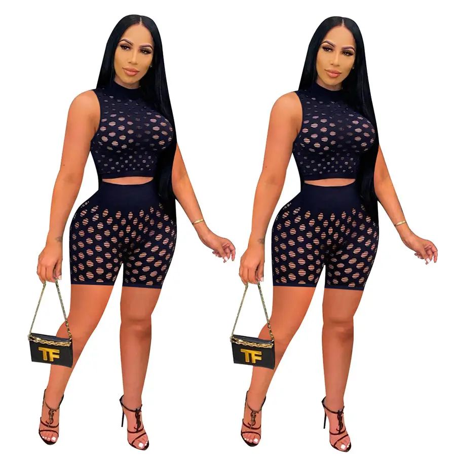 

Womens Tracksuits Mesh hollow out element sexy two piece set of sleeveless shorts sets