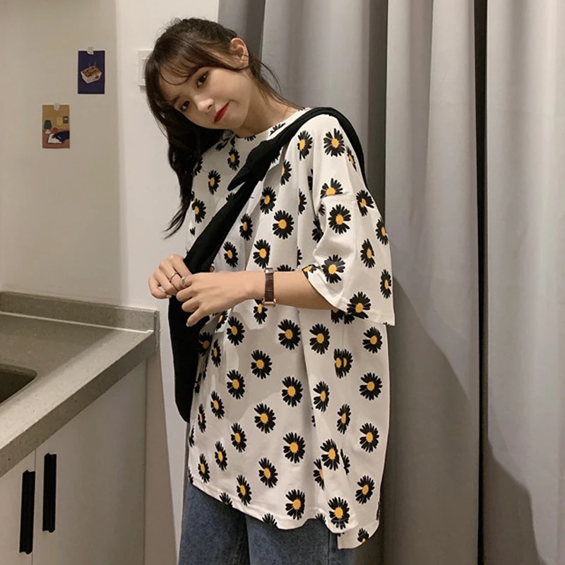 

Harajuku Short Sleeve Women'S T-Shirt 2021 Summer Clothes For Girls Korean Style Oversized Flowers Print Top Female