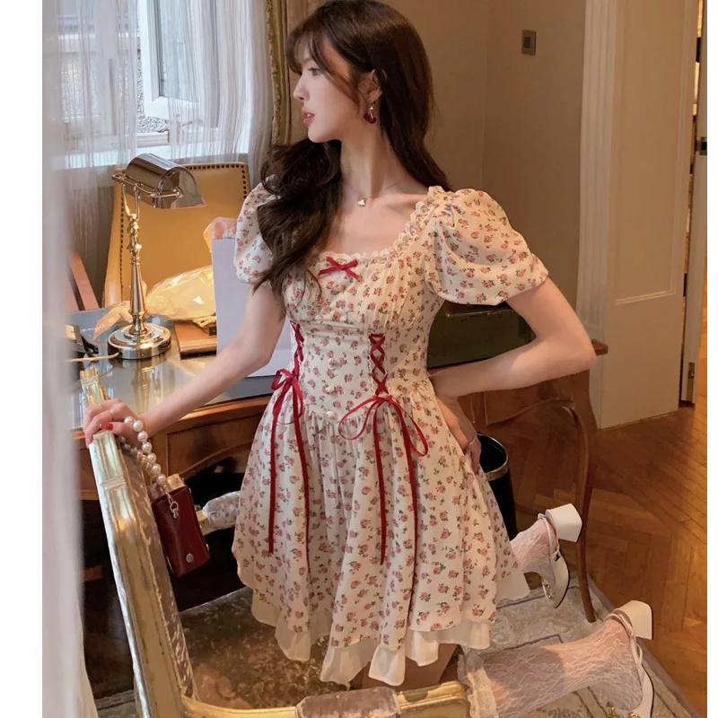 

Y2k Korean Fashion Women Lace Cute Summer Fairy Dress French Vintage Soft Girl Square Collar Floral Sweet Kawaii Dress Vestidos