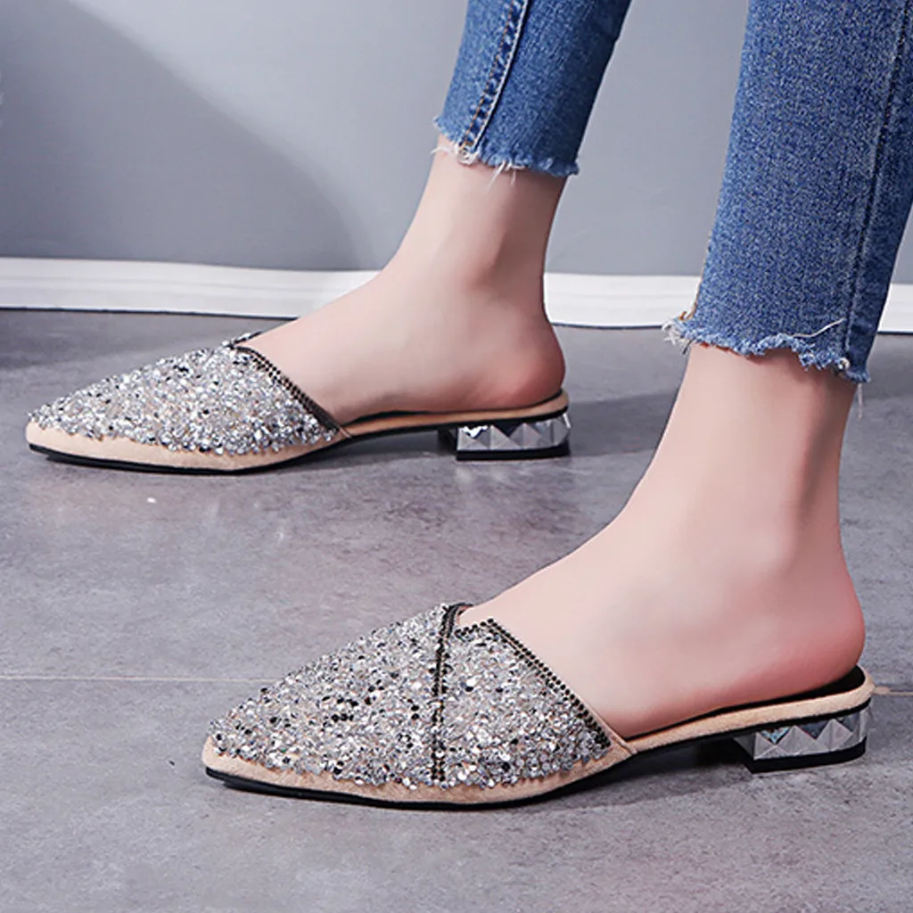 SAGACE Slippers Women Fashion Luxury 2020 Rhinestone Pointed Toe Low Heeled Hot Sale Ladies Summer Casual Beach Shoes | Спорт и