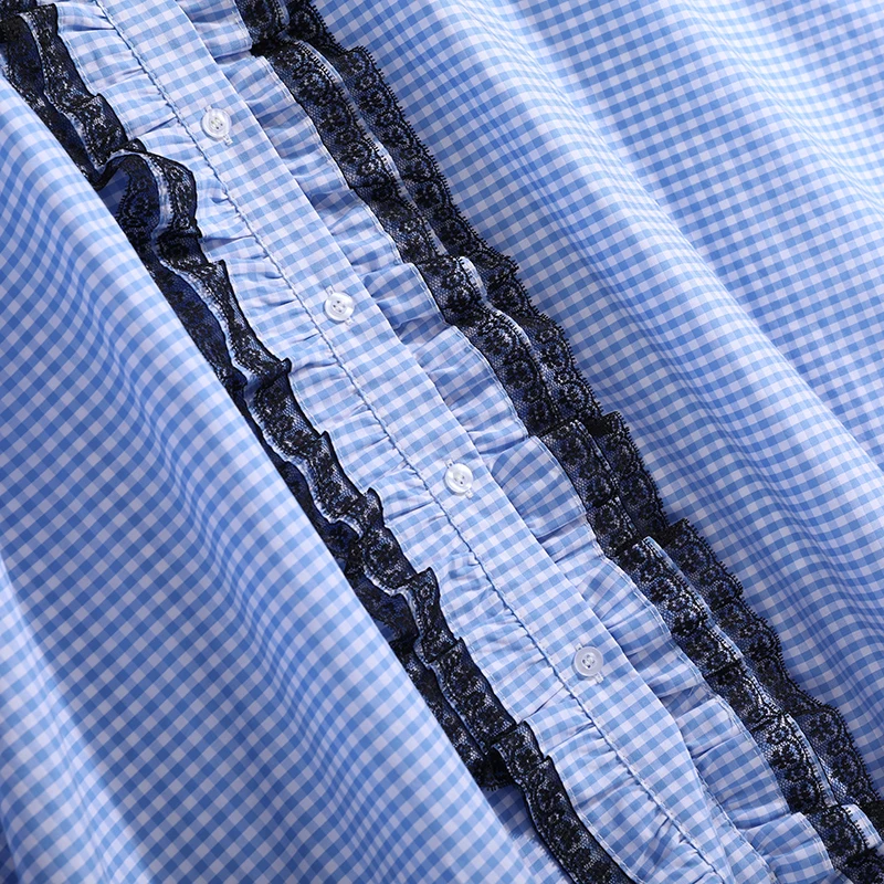 

[EAM] High Waist Blue Plaid Lace Long Ruffles Holiday Casual Half-body Skirt Women Fashion Tide New Spring Autumn 2021 1DD9226