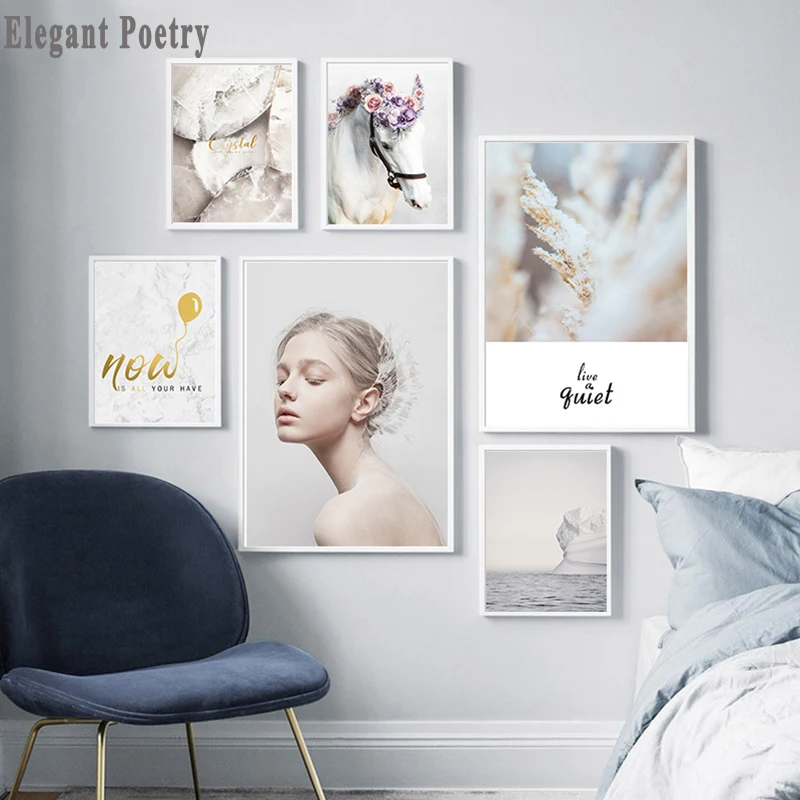 Девушка лошадь цветок морской пейзаж на стену холст абстрактная картина плакаты