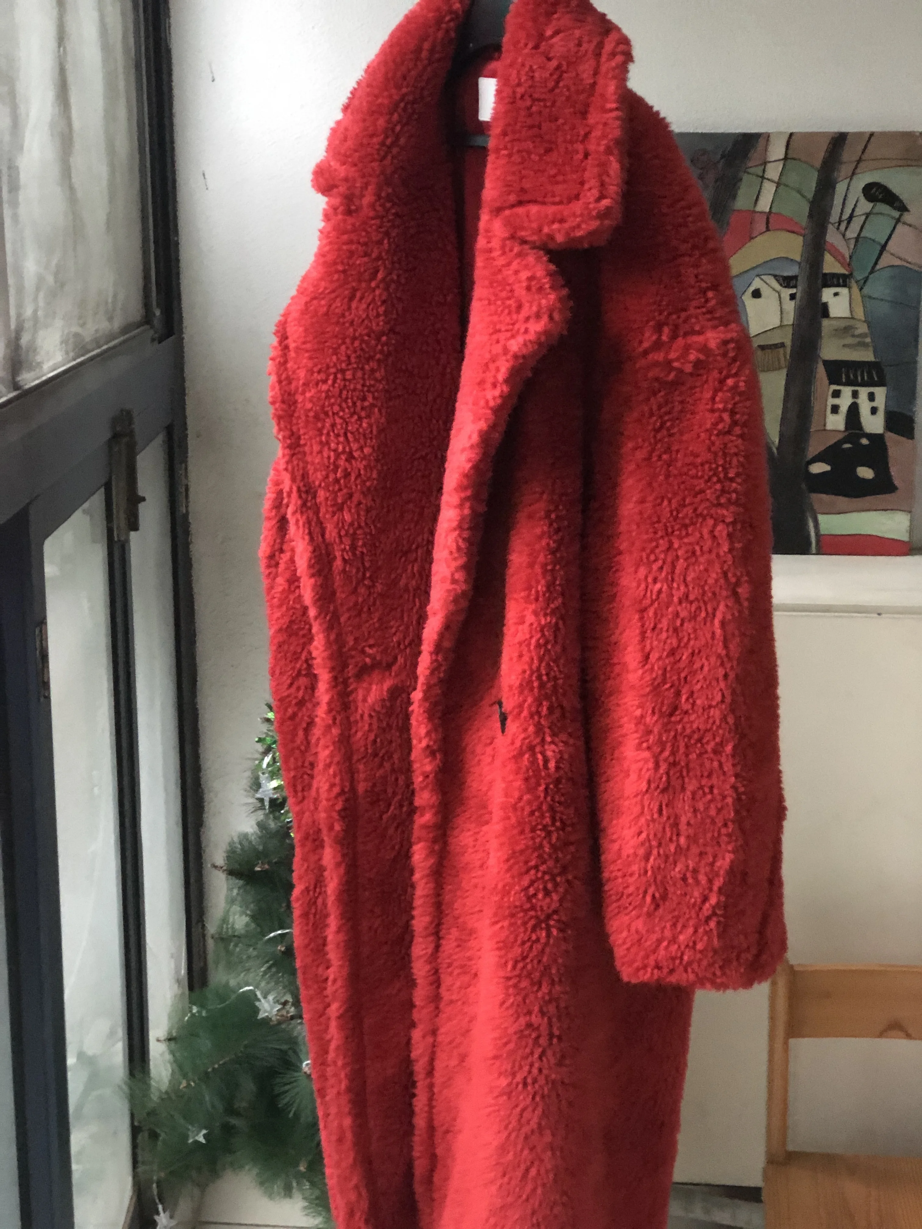 

Fashion 2021 Coral red cashmere Warm oversize big size Teddy coat winter long fur coat sheep coat
