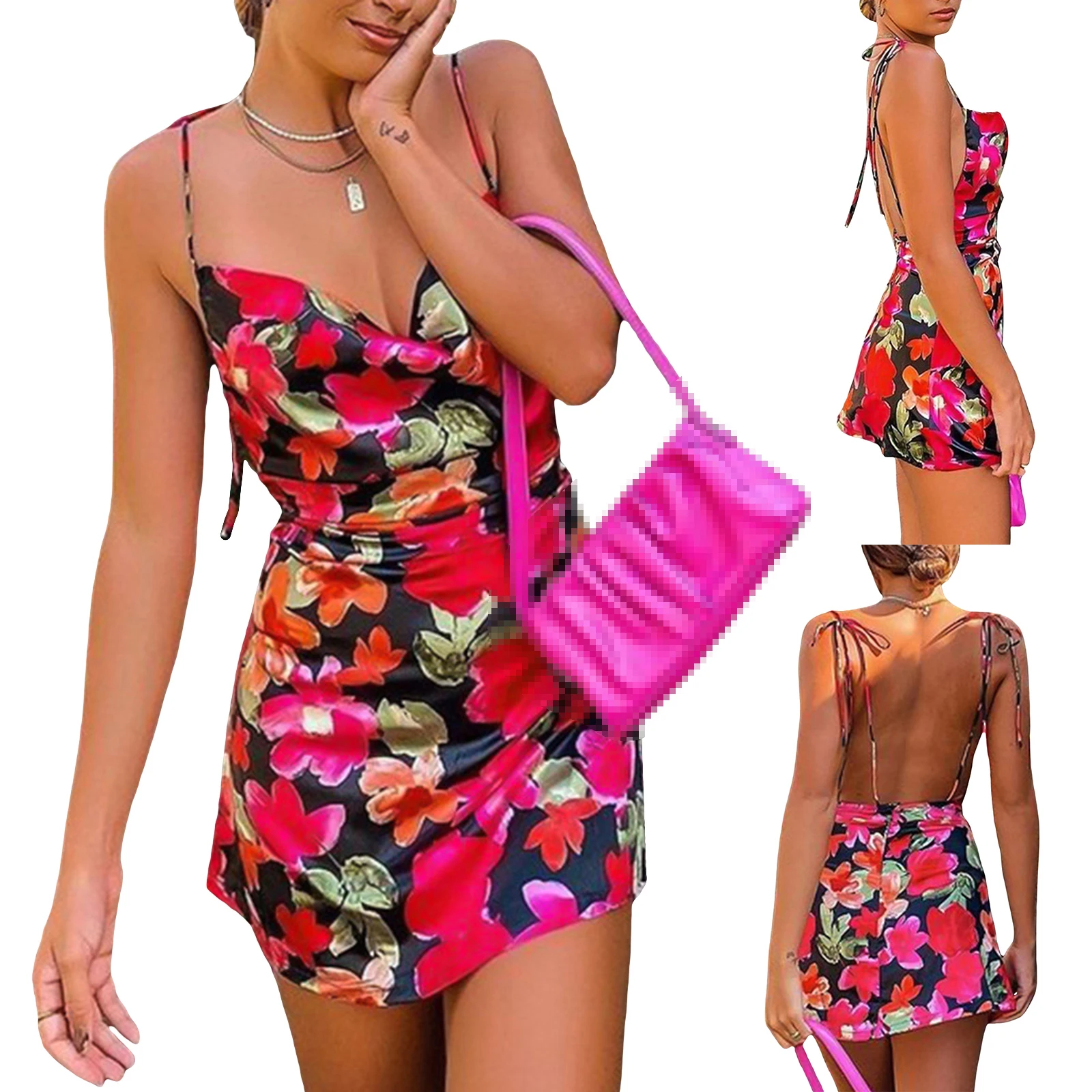

Y2k 2021 Women Sexy Slip Dress Fashion Red Floral Printed Ladies Pattern Trendy Deep V-neck Backless S/ M/ L
