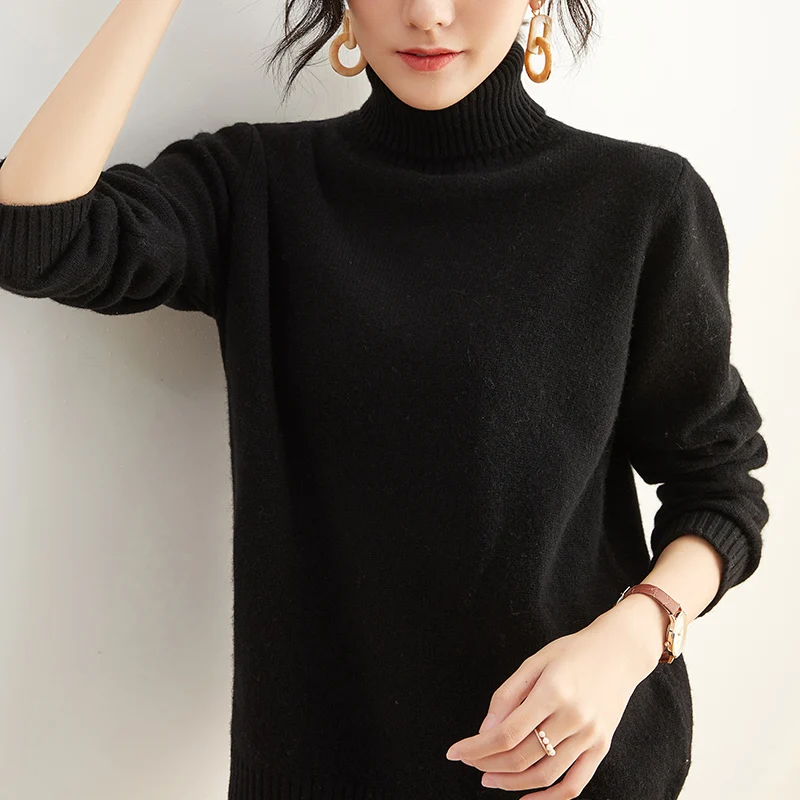 

Sweater women's new high lapel pullover pure color loose wild knitting Wool base warm cashmere turtleneck sweater large size