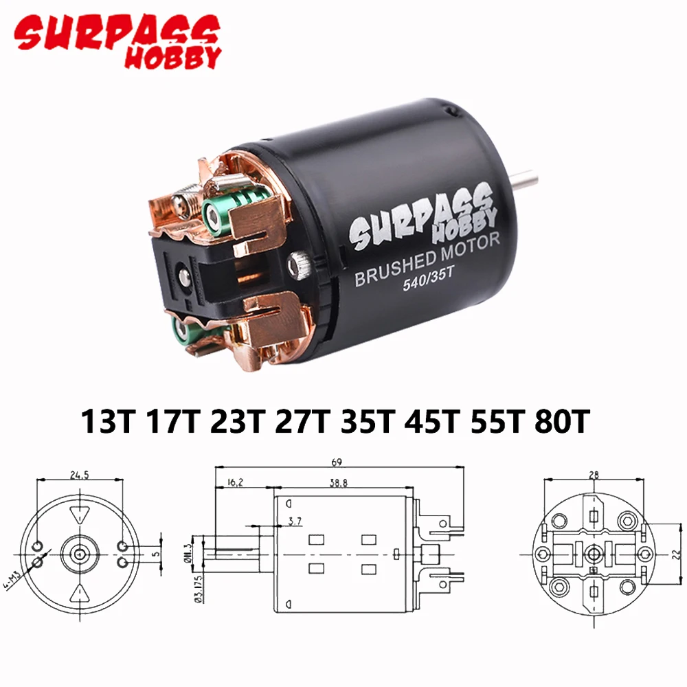 Двигатель с щеточным наконечником Surpass Hobby 540 21T/27T/35T/45T/55T/80T 60A 2 ~ 3S 5 В/2A BEC ESC для