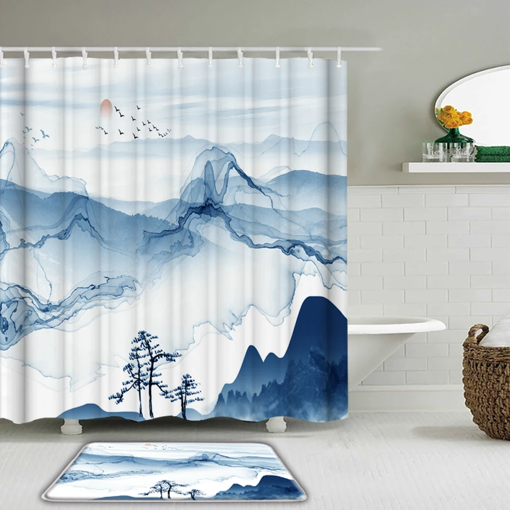 

2Pcs/Set 3D Ink Painting landscape Shower Curtain Set Fabric Waterproof Bathroom Curtains With Non-Slip Rug Toilet Bath Mat