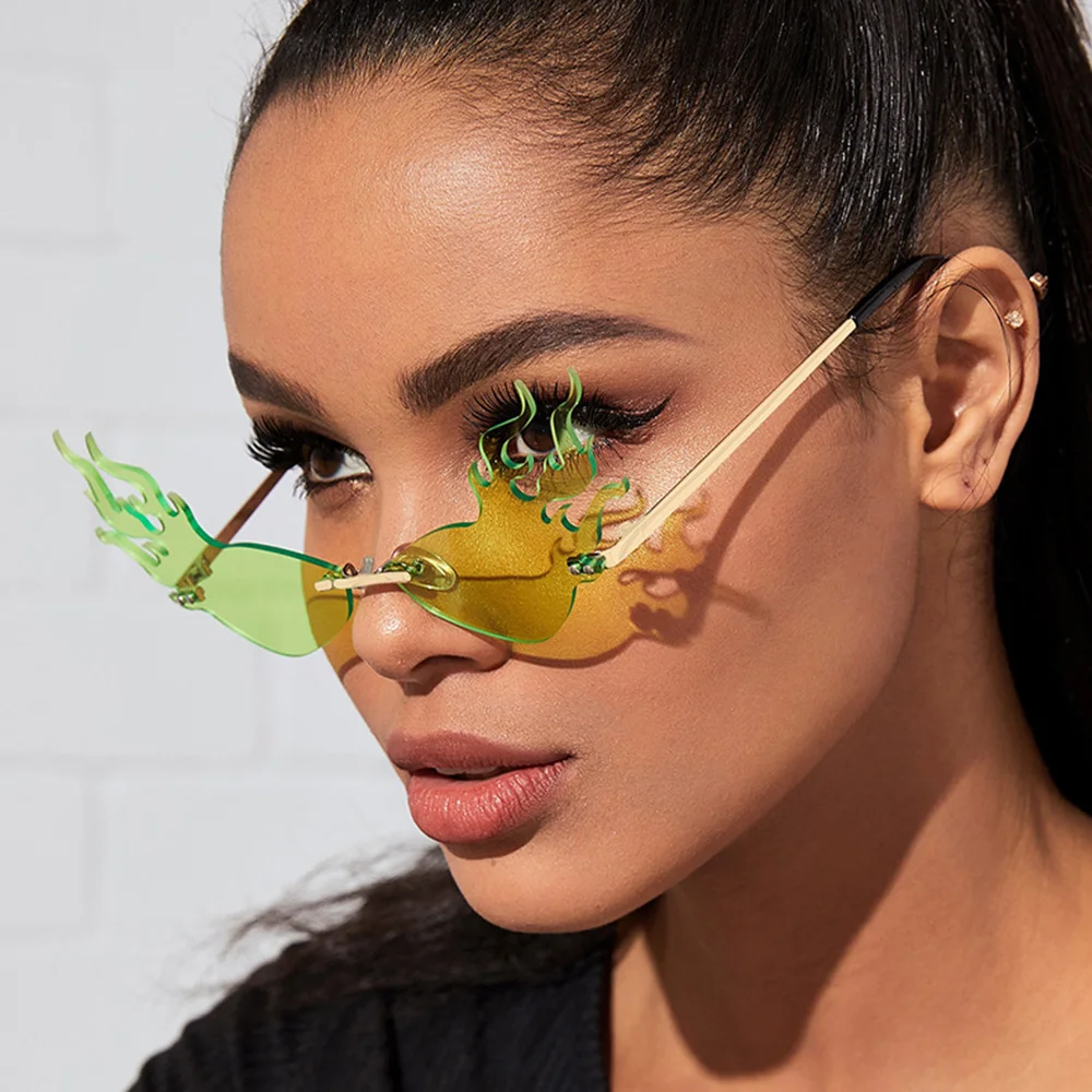 

Luxury Fashion Fire Flame Sunglasses Women Rimless Wave Sun Glasses Metal Shades For Vintage Women Mirror Eyewear Uv400