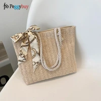 spring summer fashion straw woven underarm shoulder bags for women casual silk scarf ladies large capacity shopping handbags