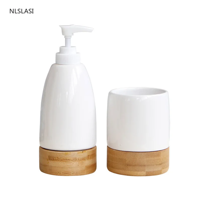 

Nordic Modern Style Ceramic Bamboo Liquid Soap Dispenser Portable Travel Home Bathroom Accessories Gargle Cup Toothbrush Holder