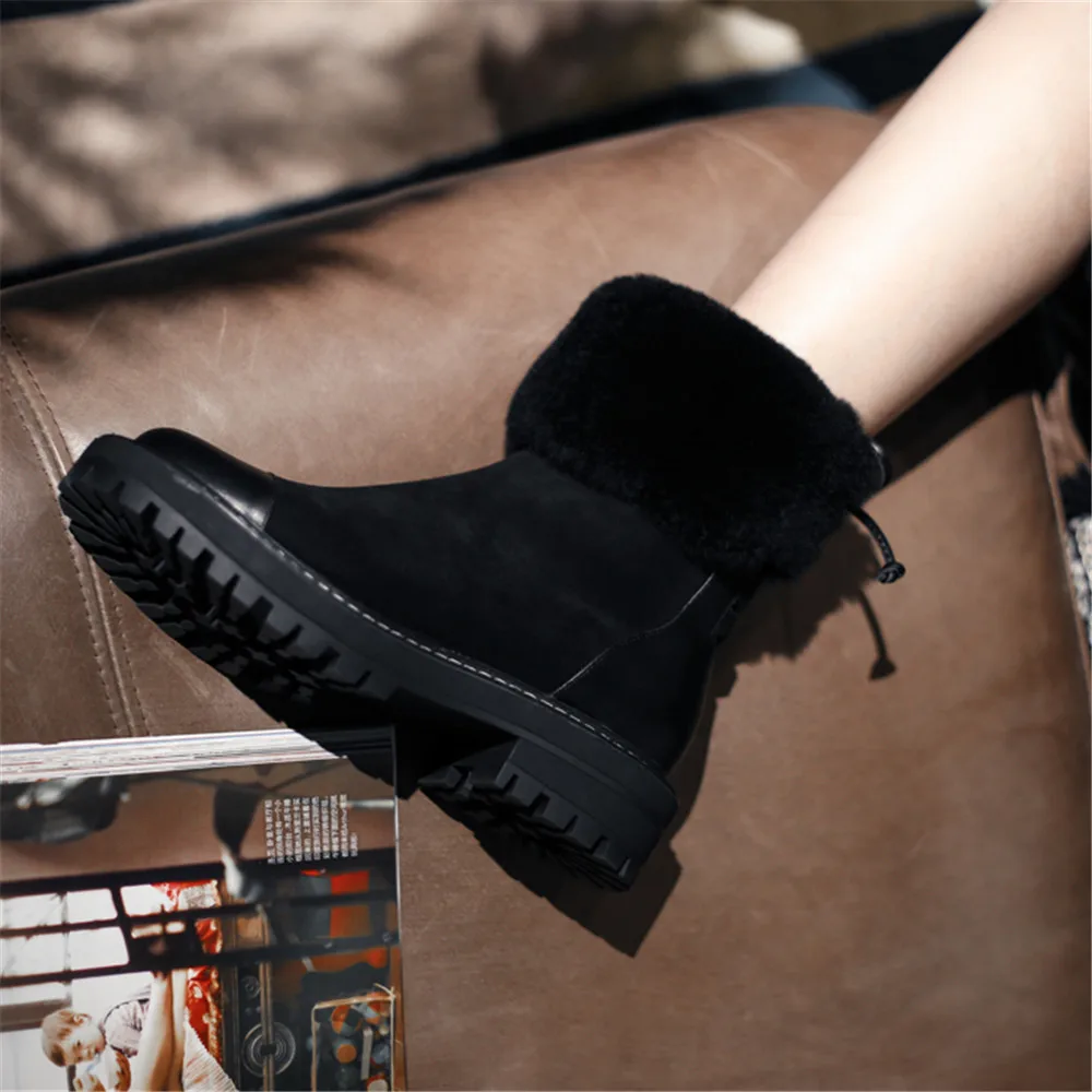 

Aiyoway Warm Wool Fur Winter Ankle Boots Low Heel Women Natural Genuine Leather Lace Up Zipper Round Toe Shoes Lady Brown Black