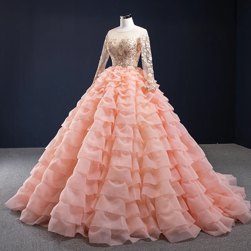 J67019 jancember pink lace party long evening dresses o-neck floor length sweep train lace tiered ball dress вечерные платье