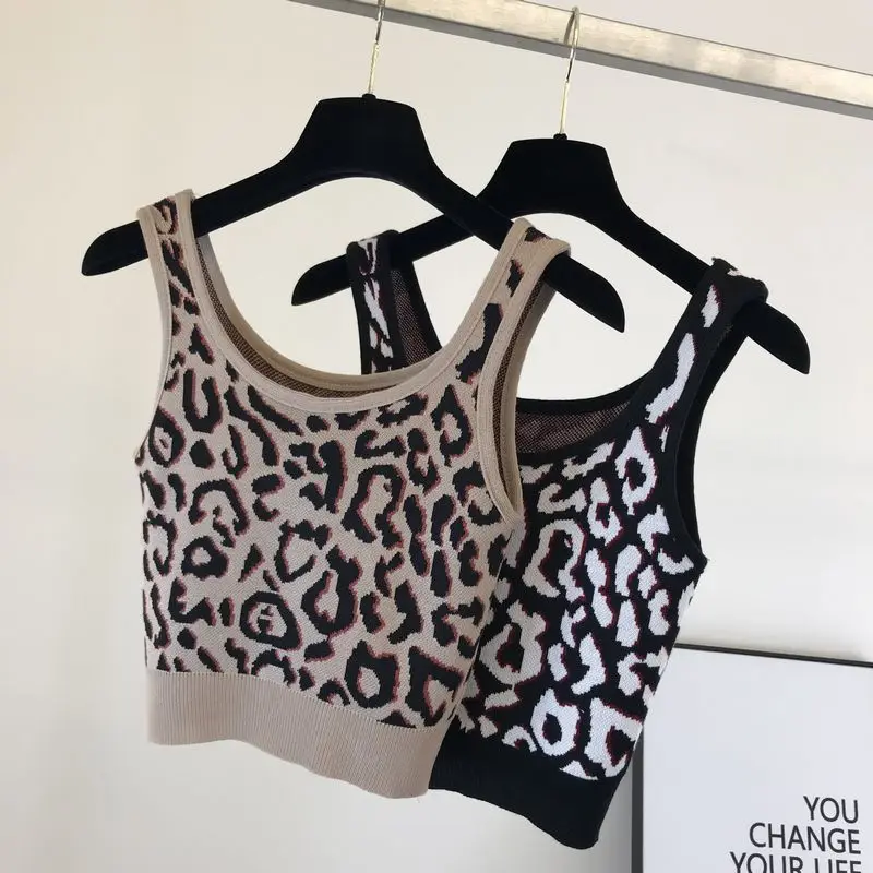 

Spring European Retro Personalized Sling Leopard Print Short Vest Women's All-Match Knit Camisole Tank Top