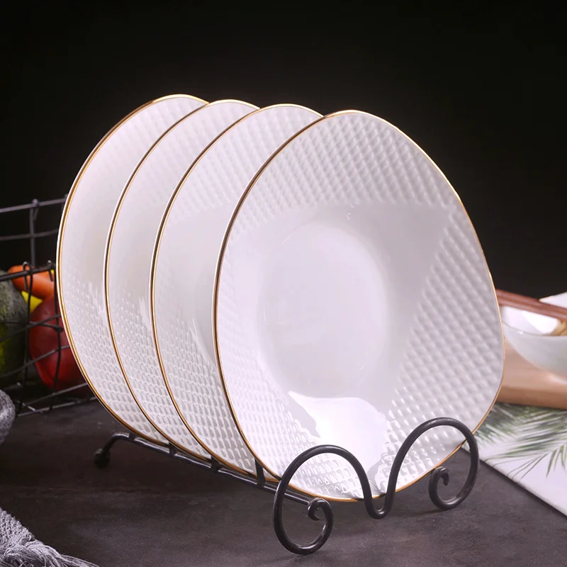 

Nordic Style Plate Sets Gold Inlay Porcelain White Plate Sets Bone China Party Dinner Platos Ceramica Kitchen Items EH50PS