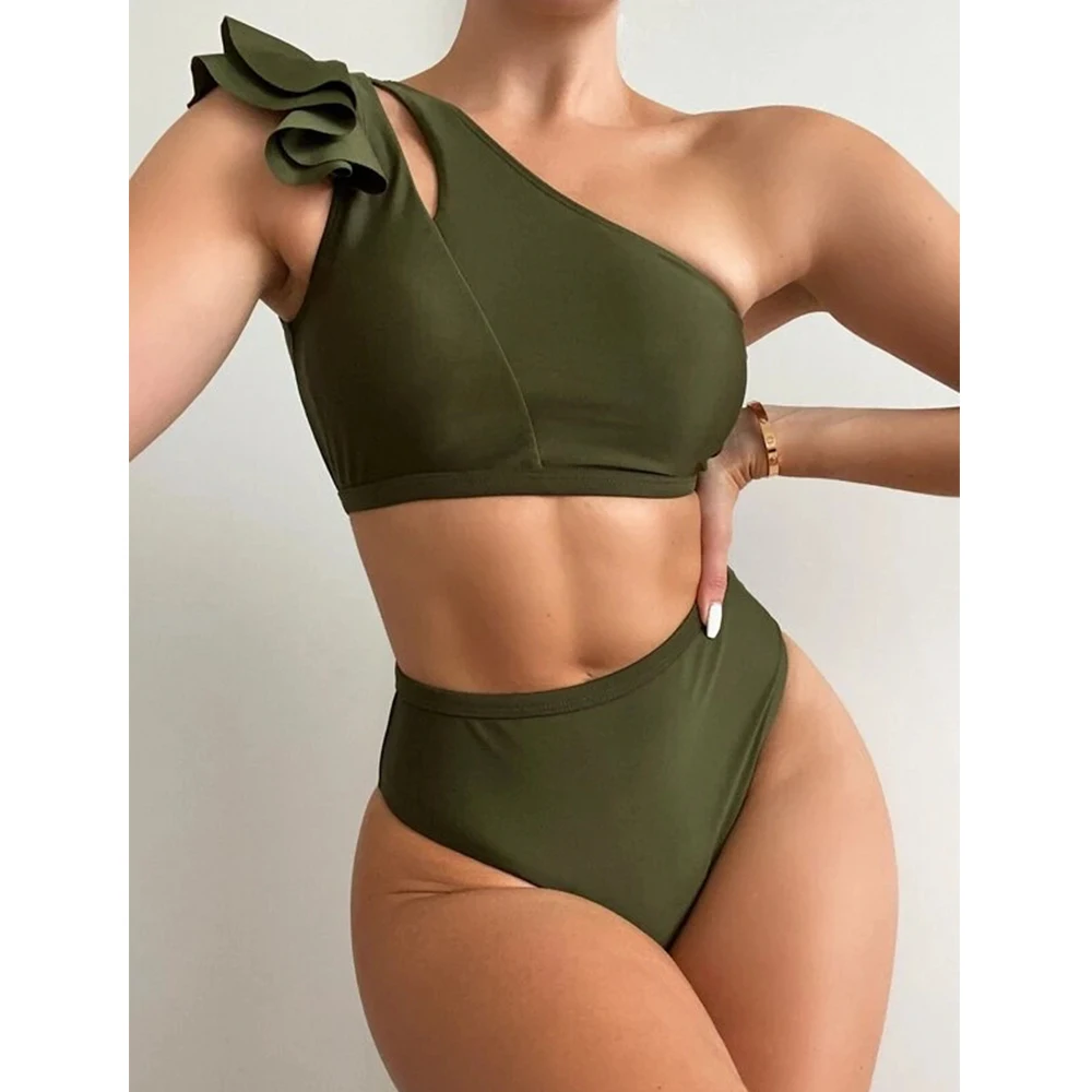 

One Shoulder Swimsuit Women 2 pieces Solid Brazilian Bikini Set Summer 2021 High Waist Swim Suits Ruffle Bathing Suit Beachwear