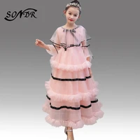 pink girls princess ball gowns ht099 bow ruched pleat vestidos de noches para ninas lace up half sleeve flower girl dresses