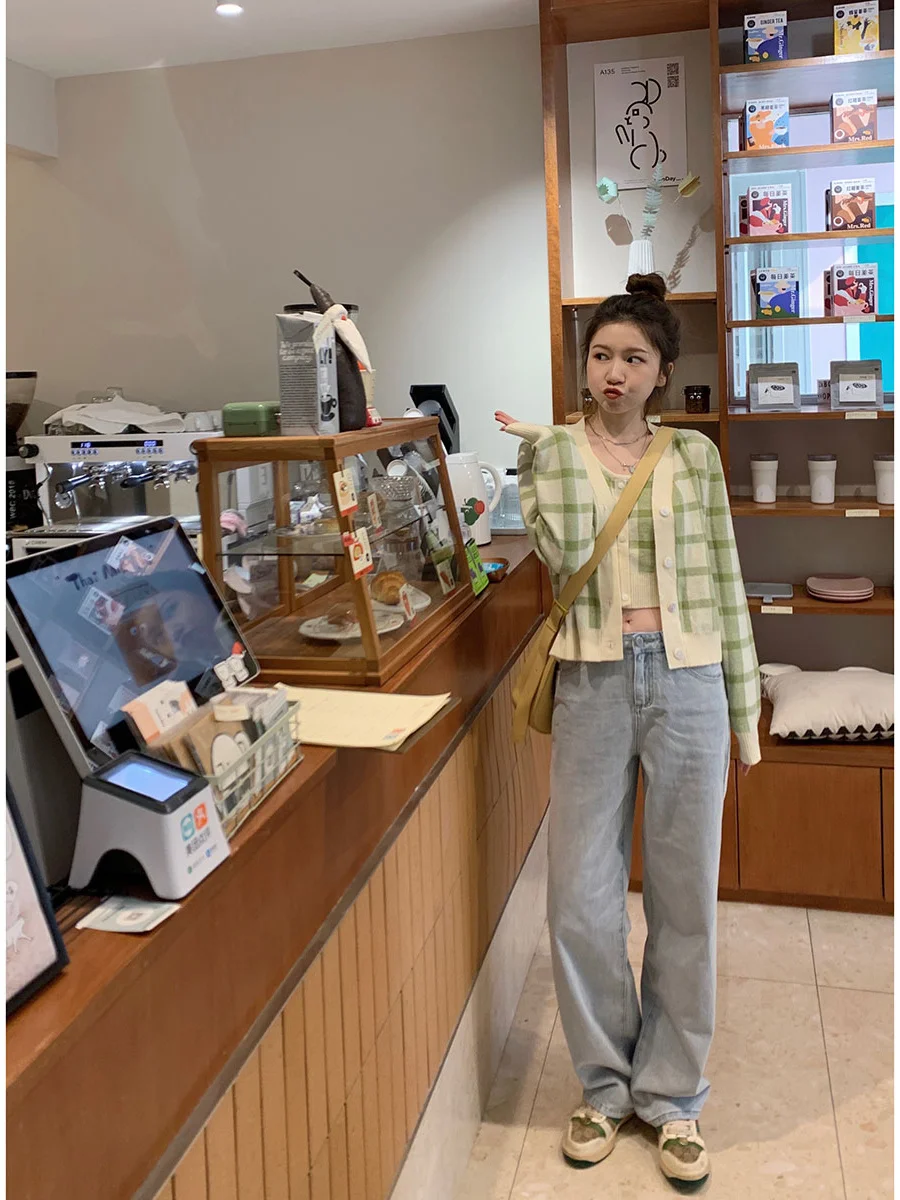 Миланский клетчатый вязаный жилет на бретельках в стиле преппи свитер кардиган