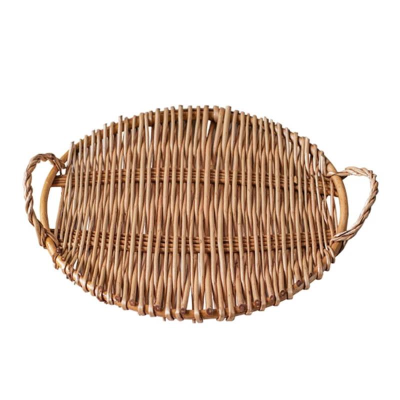 

Round Rattan Fruit Storage Tray with Double Handle Breakfast Table Storage Basket Pastoral Rattan Woven Wicker Bread Box Plate