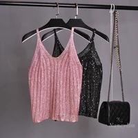 sexy sequined knitted tank top for women thin shoulder straps outerwear top womens camisole tops pink black nancylim
