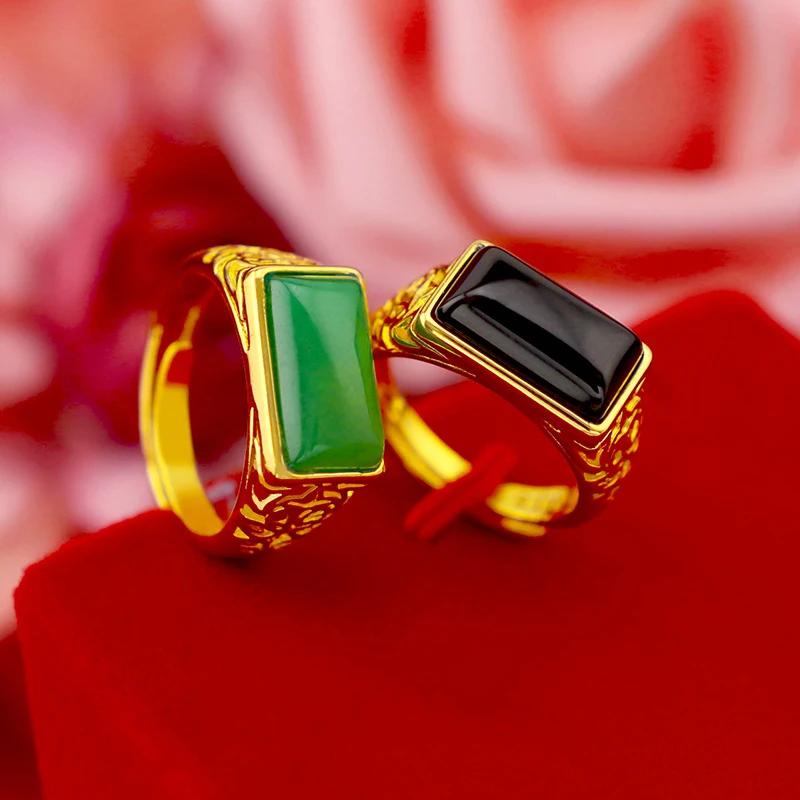 Korean Fashion 14k Gold Ring Men Adjustable Ring with Big Stone Emerald Ring Gemstone Yellow Gold Wedding Anniversary Jewelry