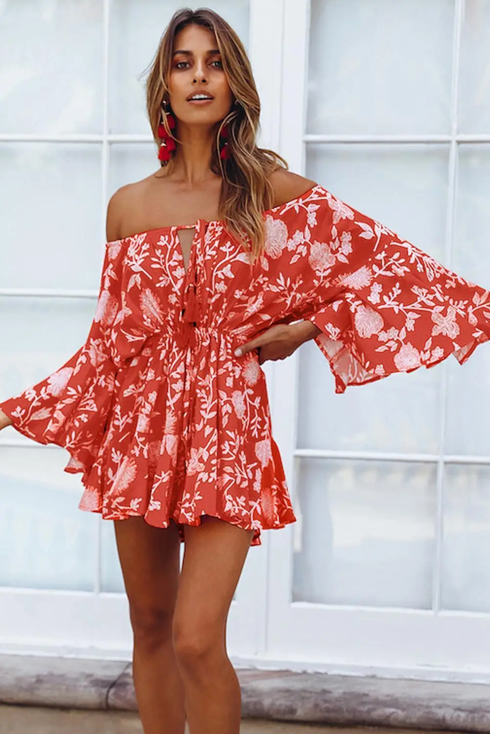 Короткий комбинезон Echoine в стиле бохо красный/желтый с вырезом лодочкой