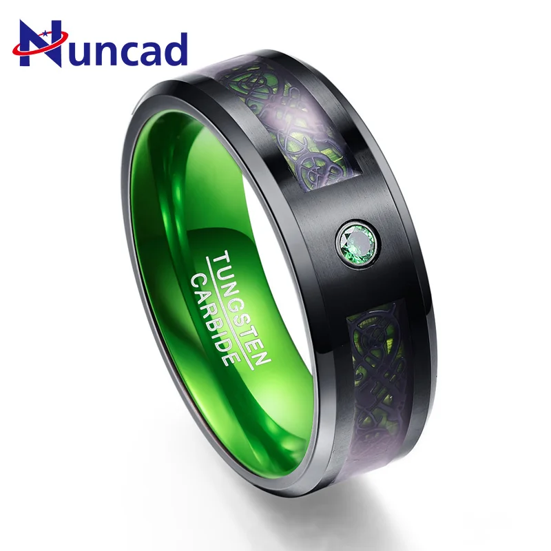 

Black surface dragon engrave green zircon innerside 8mm width 100% genuine wedding band tungsten carbide rings for men