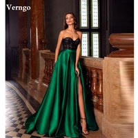 verngo 2021 elegant emerald green satin long evening dresses sweetheart black lace top slit prom gowns bow formal party dress