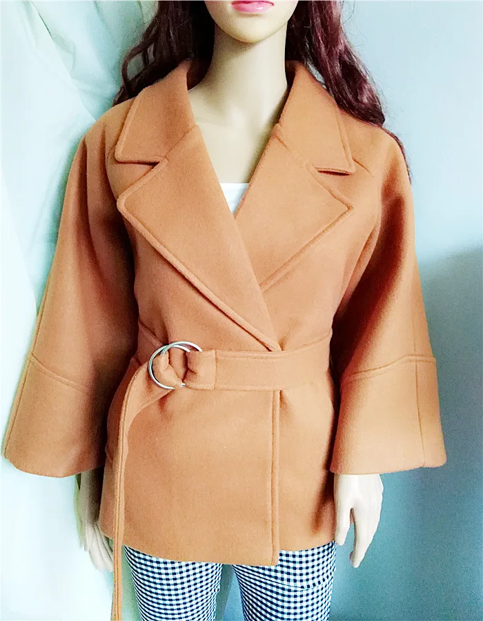 Woman Short Woolen Coat Belt Jacket