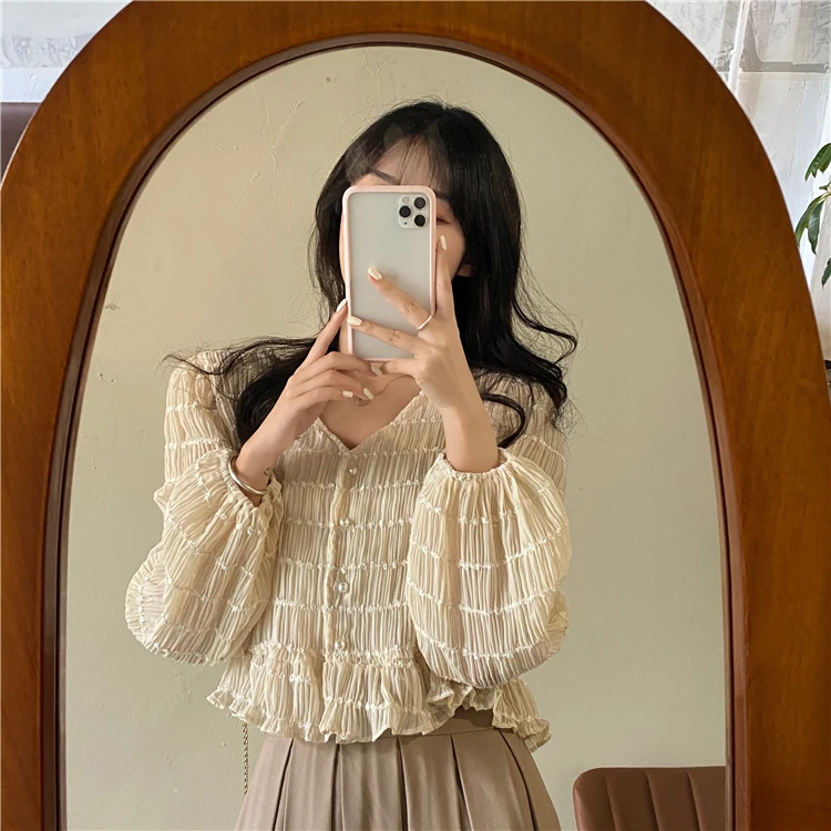 

Blusas Mujer De Moda 2021 Shirts Ruffles Autumn Style Korean Clothes Fashion Brand Ladies Crop Top V-neck Women's Clothing New