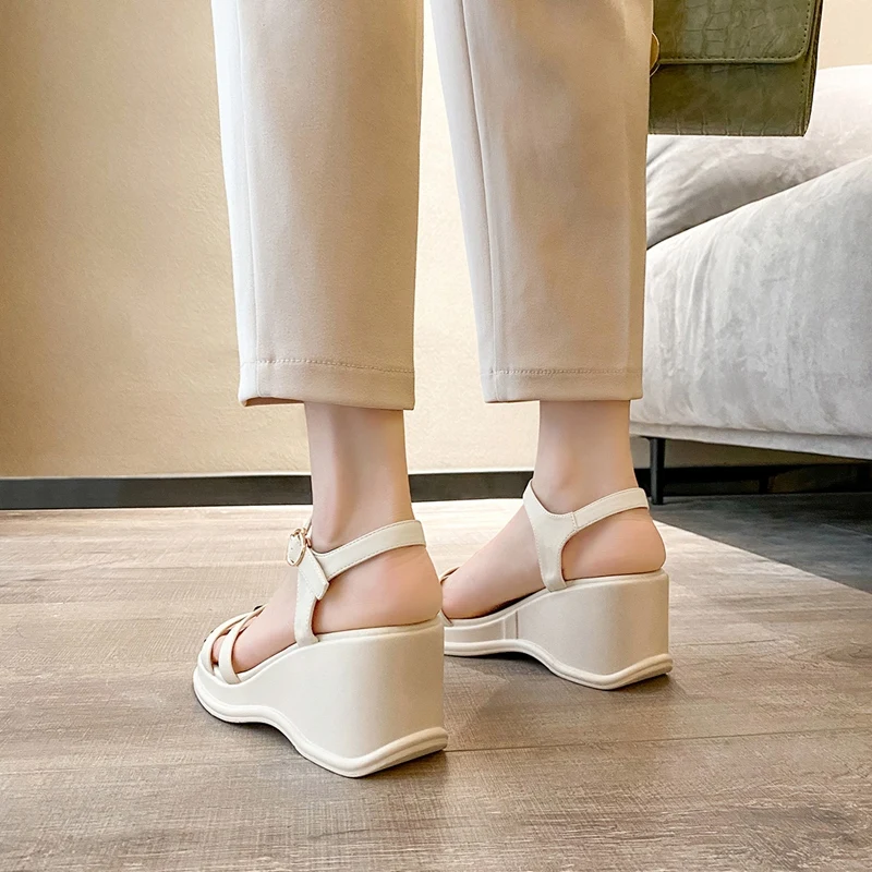 

Autuspin Wedged Platform Women Sandals Fashion Genuine Leather High Heels 2021 Summer Ladies Party Wedding Basic Shoes Woman