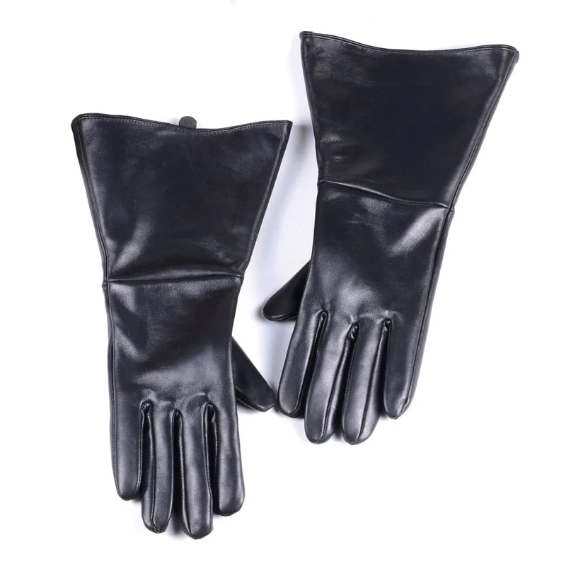 Stylish Men Long Gloves Male Genuine Leather Retro First Layer Sheepskin Bell Mouth Punk Mitten Party Show Play Warm 35cm Luvas