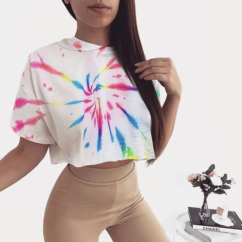 

shirts women Tie Dye Short Sleeve T-Shirts Women Plus Size Colorful Cropped Shirts Oversize Casual Streetwear Summer Femme