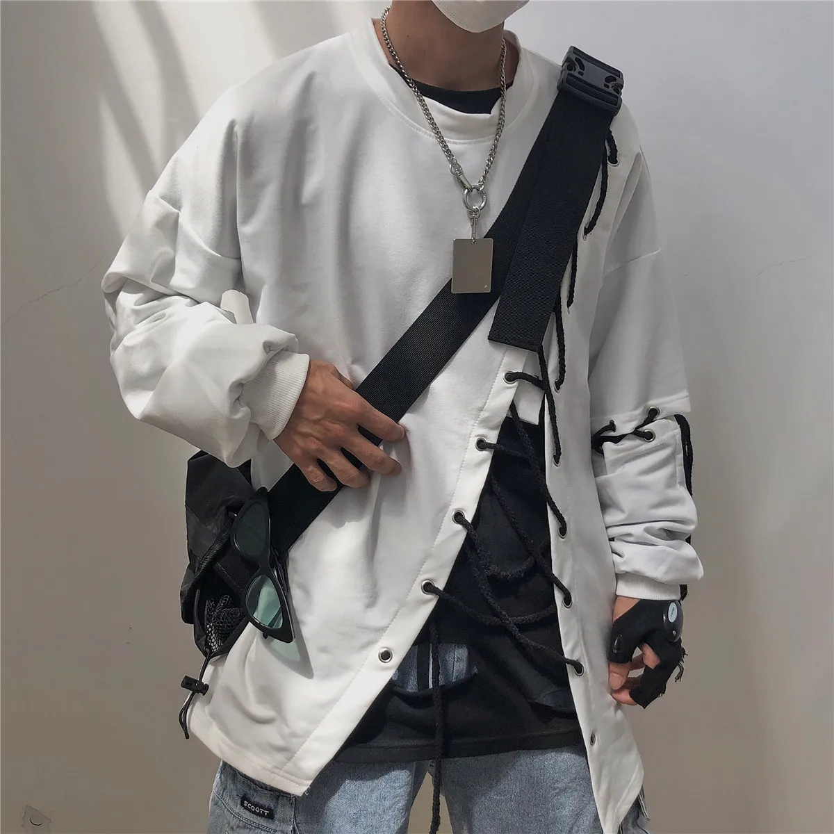 Yoji Темный ветер ins супер огонь Высокая уличная хип хоп личность diy привязанная полоса пропускания Свободный Длинный Рукав Толстовка для мужчин и женщин WGWY88