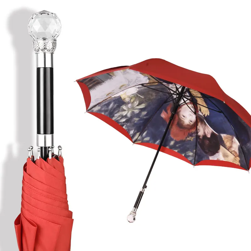 Offerte Coreano Di Lusso Manico Lungo Ombrello Di Cristallo Luce Del Sole Sole Pioggia Rosso Forte Antivento Ombrello Delle Donne Della Ragazza Parapluie Contenitore Di Regalo SY182