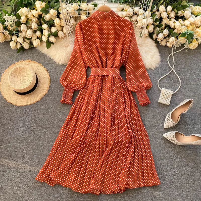 

Croysier Dresses For Women Office Lady Long Sleeve Shirt Dress Vintage Elegant Polka Dot Chiffon Pleated Midi Dress With Belt