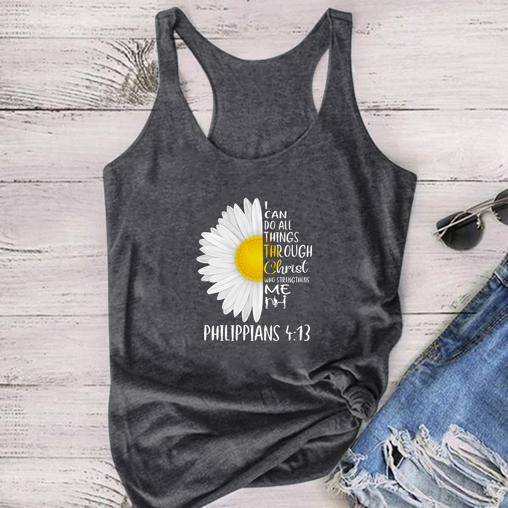 

Women Plus Size Aesthetic Daisy I Can Do All Things PHILIPPIANS 4:13 Printing Tanks Tops Women Summer Tank Tops Sleeveless