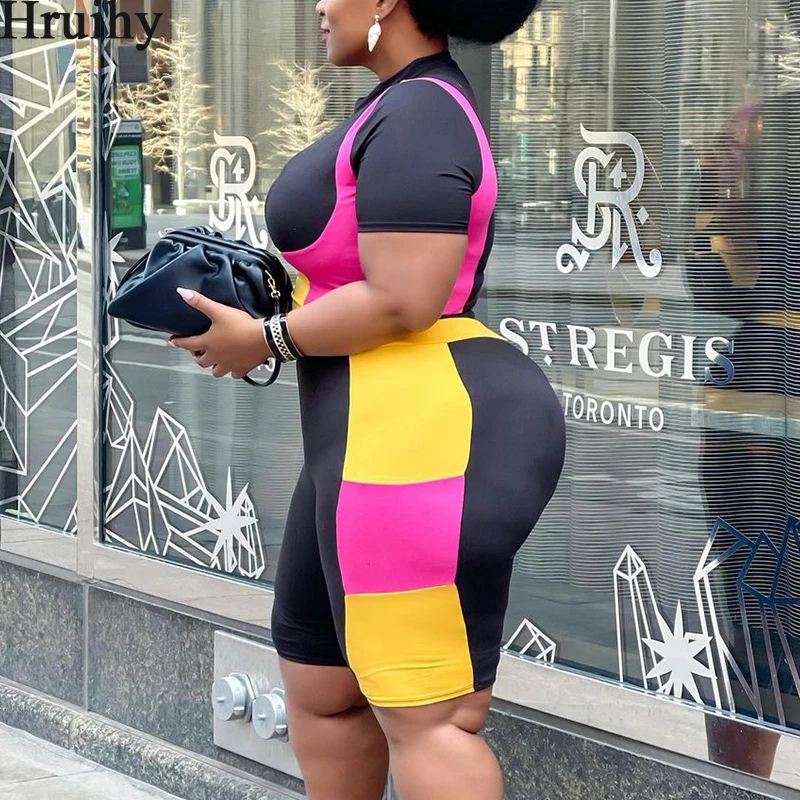

Plus Size Sets Women Summer Colorblock Short Sleeve T-shirt&short Pants 2 Piece Set Fashion Streetwear Casual Sport Runway Set