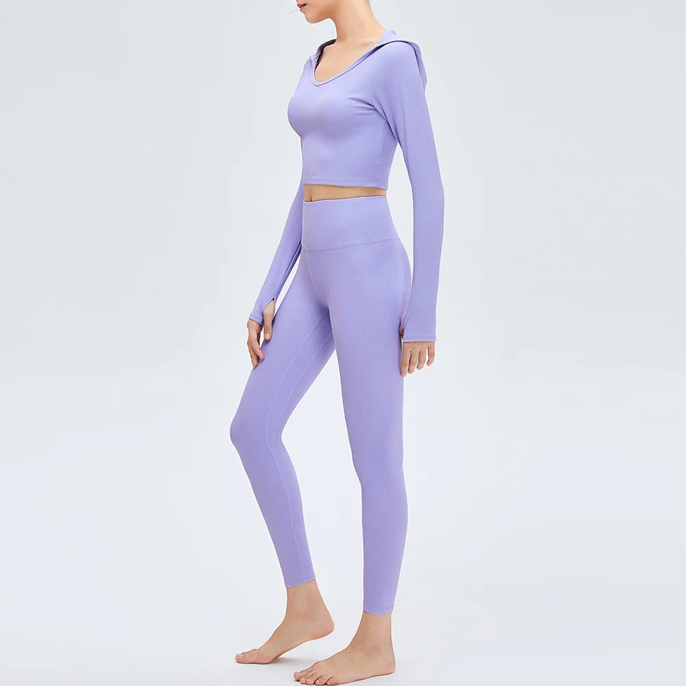 Long Sleeve Yoga Set Women Running Hooded Sportwear Workout Tracksuit Leggings and Top Gym Clothes Suit for Fitness Sport Outfit