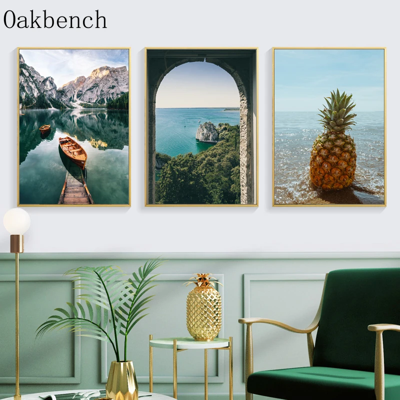 Пейзаж Постер лодки картины ананас холст принт зеленые горы постеры и принты
