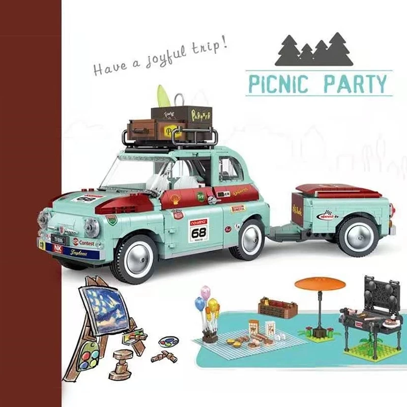 

Moc Creative Ideal Tourist Picnic Car Trailer Tractor Diy Building Block Set Transport Children's Educational Bricks Toys Gifts