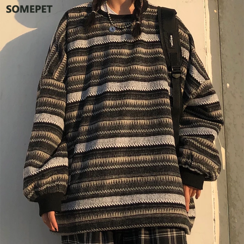 

Pullovers Women Oversize Unisex Couples Japanese Striped Knit Sweater Hip Hop Female New Winter Fashion Retro Daily