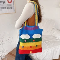 new design unusual wool knitting rainbow color women shoulder bags classic large shopping casual ladies handbags girls big tote
