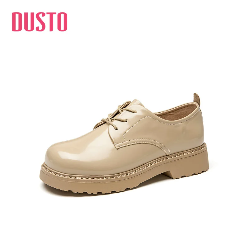 

DUSTO 2021 autumn new flat bottom middle heel round head small leather shoes women's shoes Women's autumn shoes