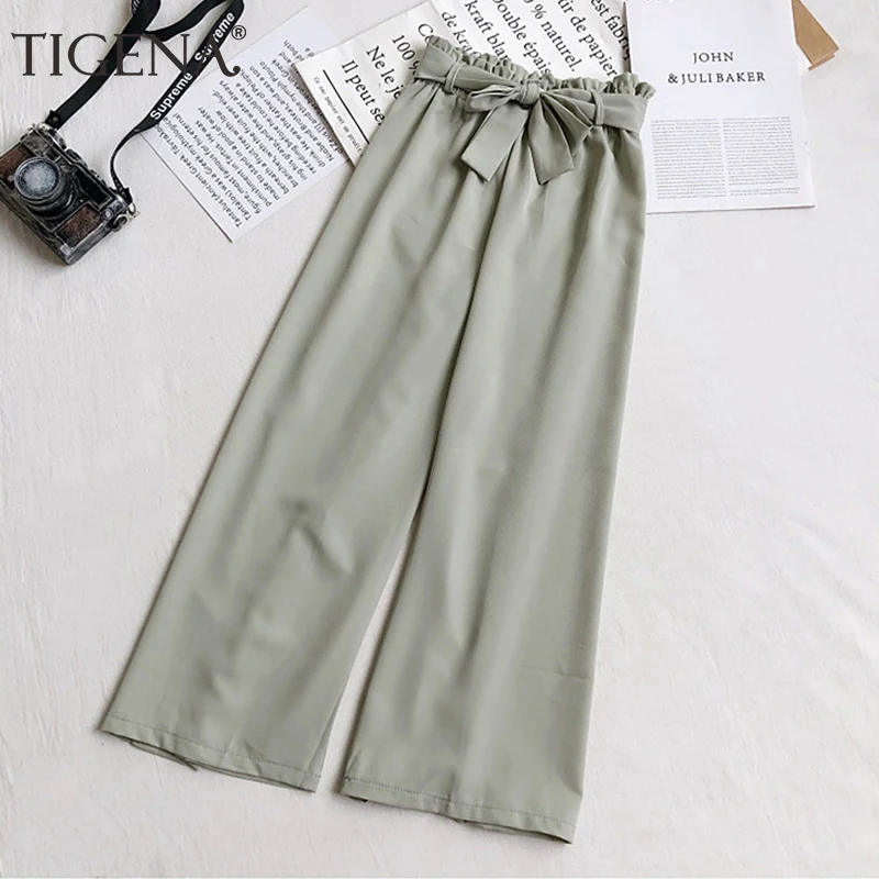 Женские широкие брюки TIGENA повседневные свободные до щиколотки с бантом на поясе