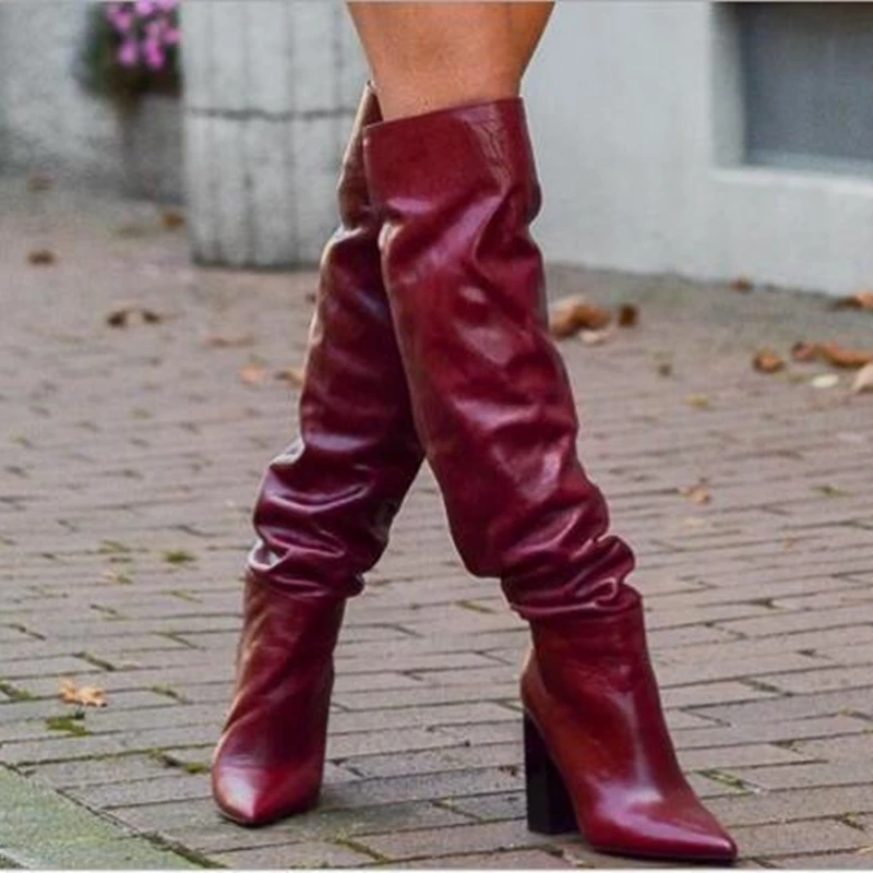 2022 Fashion Women Winter Red Wine Knee High Leather Boots Pointed Toe Square Heel Female Slip On Long Boots