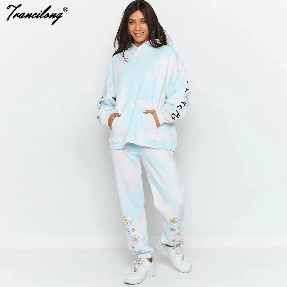 

Комплект одежды из двух предметов Tie Dye, пуловер, женская одежда для отдыха, спортивные костюмы, свободный мягкий домашний спортивный костюм для женщин, зима-осень 2020