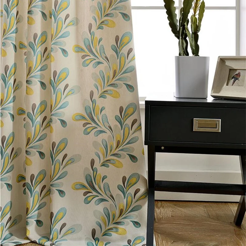 Желтый с узором из листьев затемненные шторы в простом стиле для Спальня