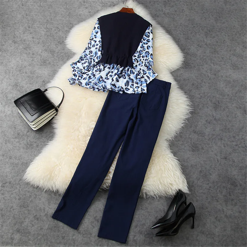 

2021 Spring Women Elegant Knitted Patchwork Print Shirt and Pants Suit Office Business 2 Piece Outfits Elegant Lady Twinset